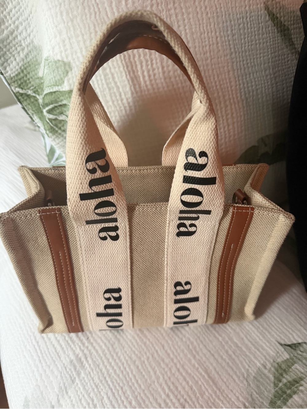 Canvas Aloha Tote in Beige with Brown Trim